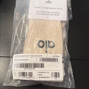 ALO Unisex Throwback Sock - oatmeal heather/charcoal green NWT medium